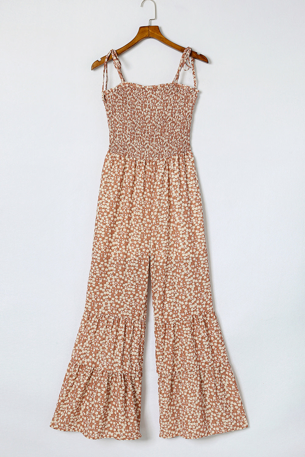 Khaki Thin Straps Smocked Bodice Wide Leg Floral Jumpsuit - LA Grand