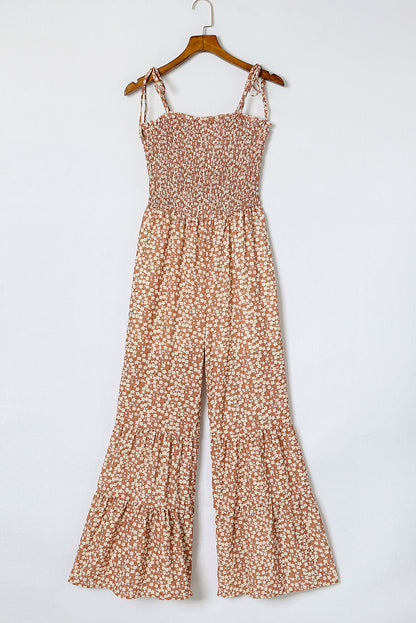 Khaki Thin Straps Smocked Bodice Wide Leg Floral Jumpsuit - LA Grand