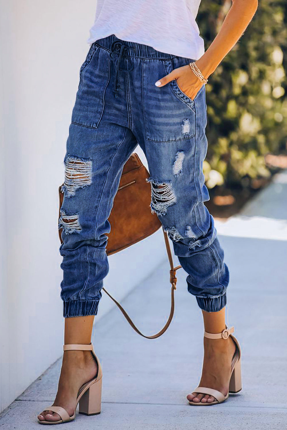 Blue Pocketed Distressed Denim Joggers - LA Grand