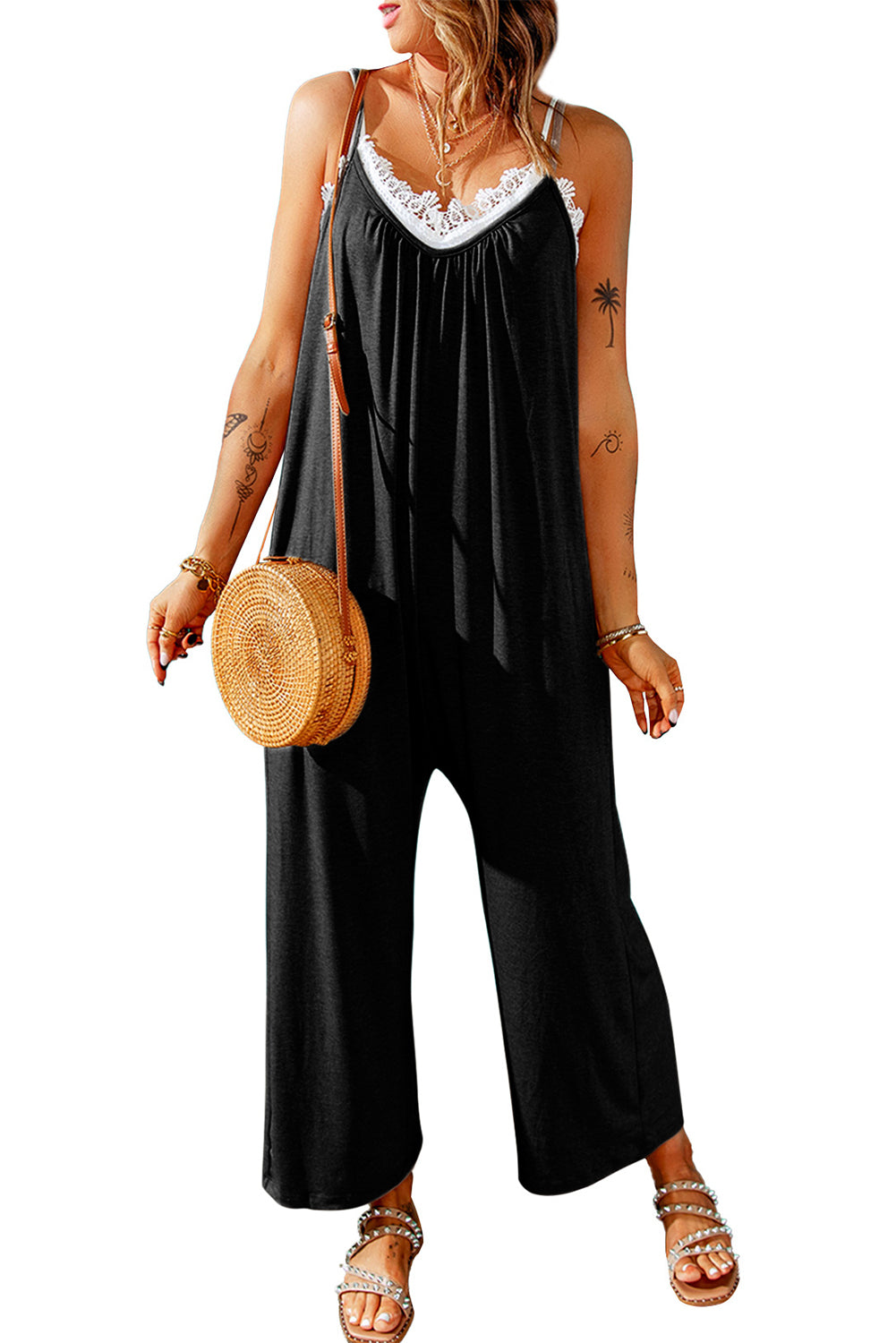 Black Spaghetti Straps Wide Leg Pocketed Jumpsuits - LA Grand