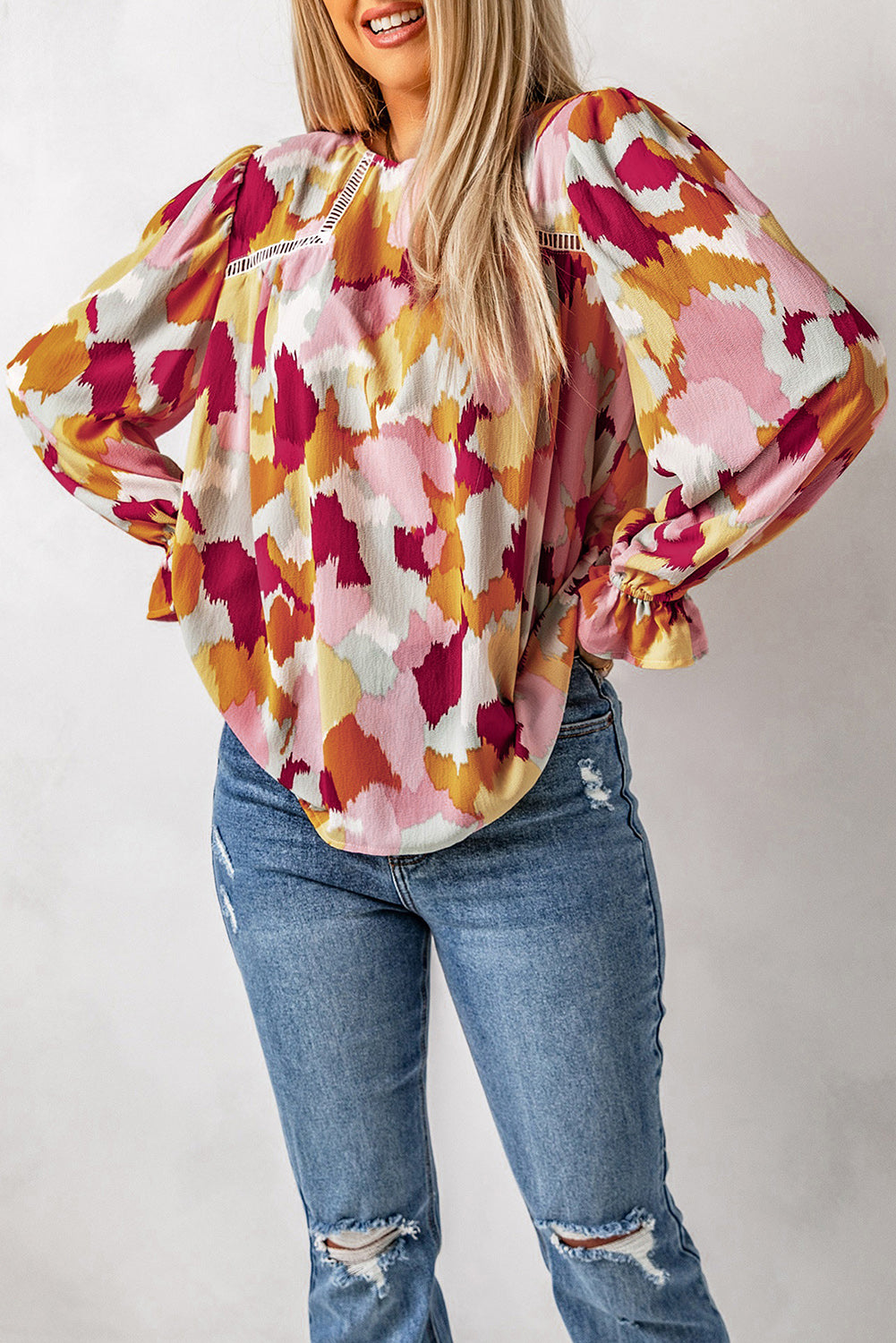 Multicolor Abstract Printed Long Sleeve Blouse - LA Grand