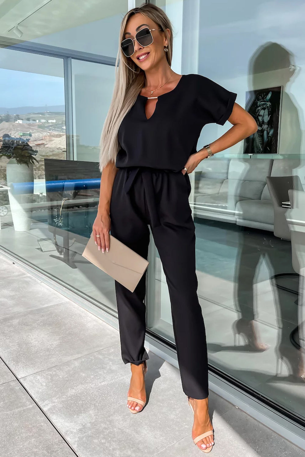 Black Metallic Neck Decor Belted High Waist Jumpsuit - LA Grand