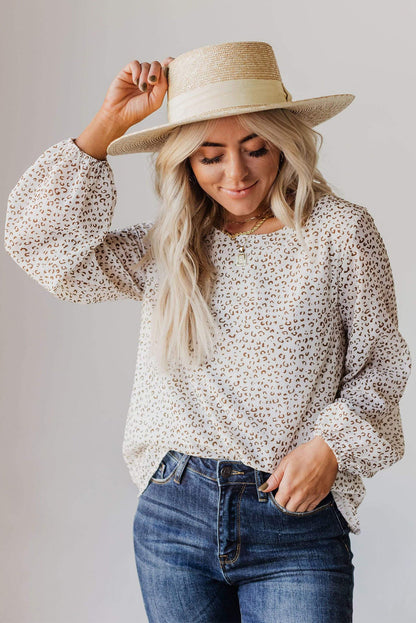 Leopard Crew Neck Long Sleeve Blouse - LA Grand