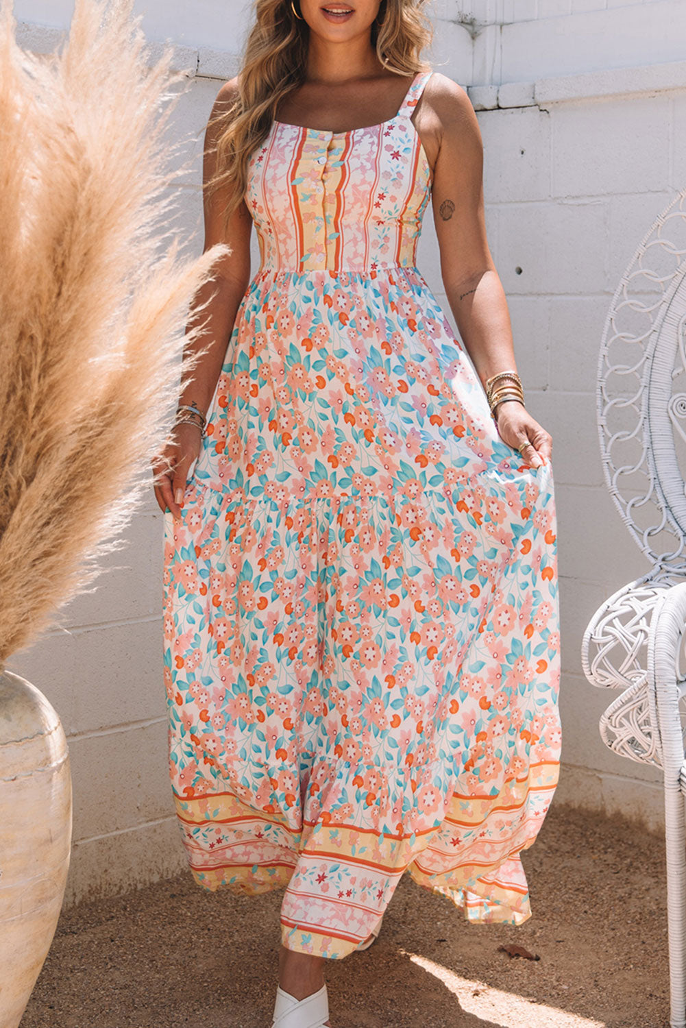 Orange Boho Floral Print Sleeveless Tiered Maxi Dress - LA Grand