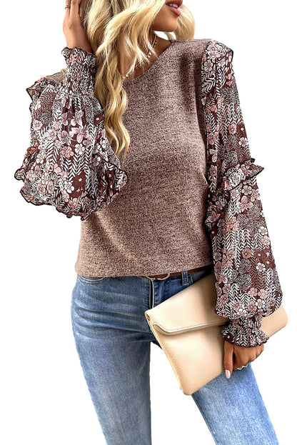 Pale Chestnut Ruffle Tiered Floral Sleeve Crew Neck Blouse - LA Grand