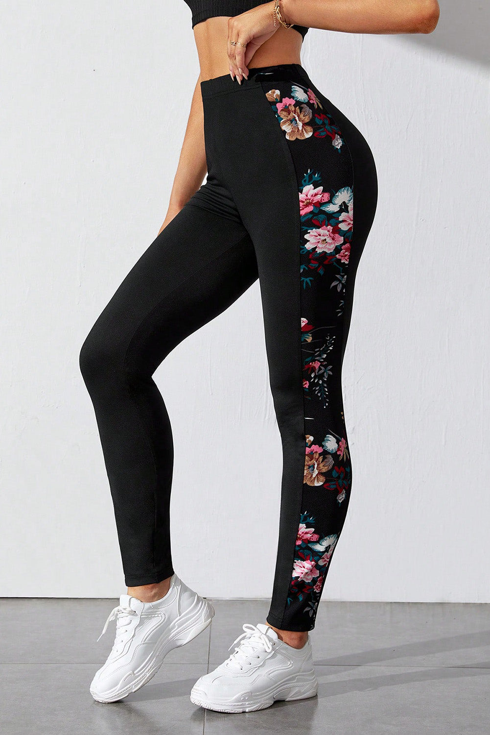 Black Floral Print Patch High Waist Leggings - LA Grand