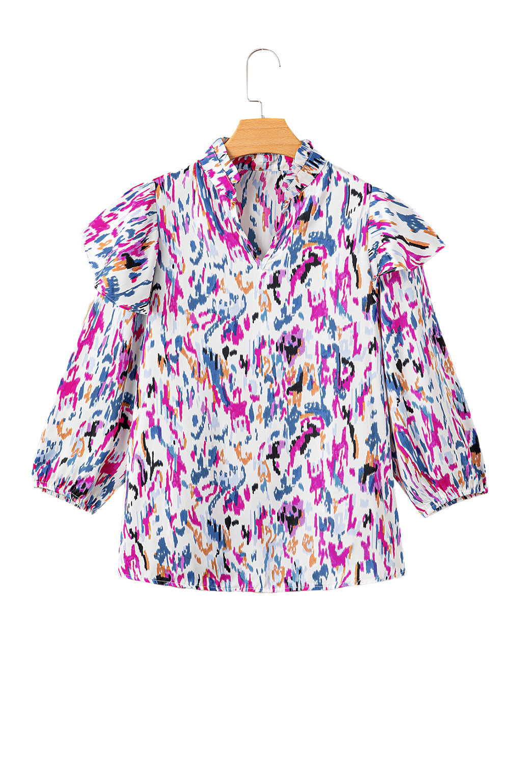 Multicolour Abstract Print 3/4 Puff Sleeve Ruffle Blouse - LA Grand