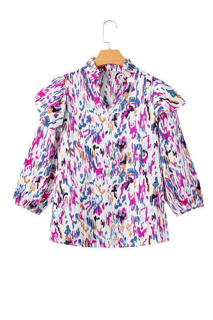 Multicolour Abstract Print 3/4 Puff Sleeve Ruffle Blouse - LA Grand