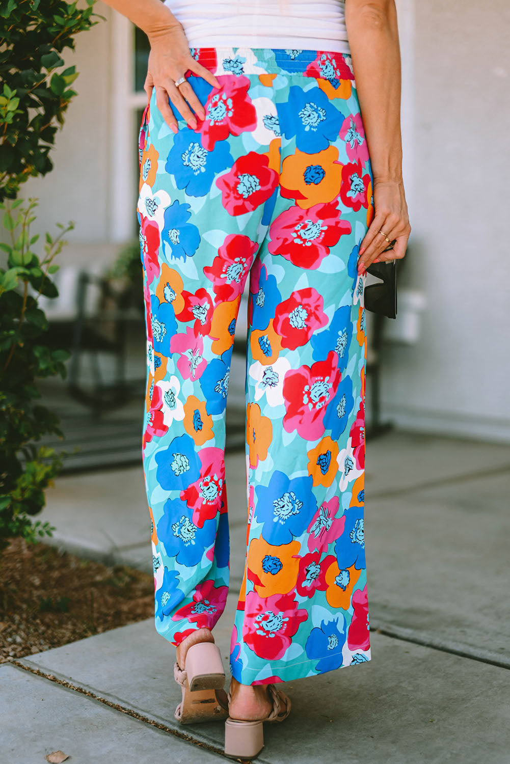 Multicolor Abstract Floral Print Drawstring Wide Waistband Pants - LA Grand