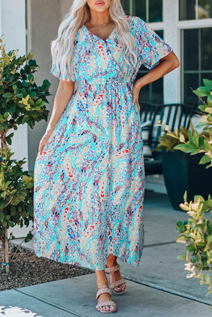 Green Wrap V Neck Floral Maxi Dress - LA Grand