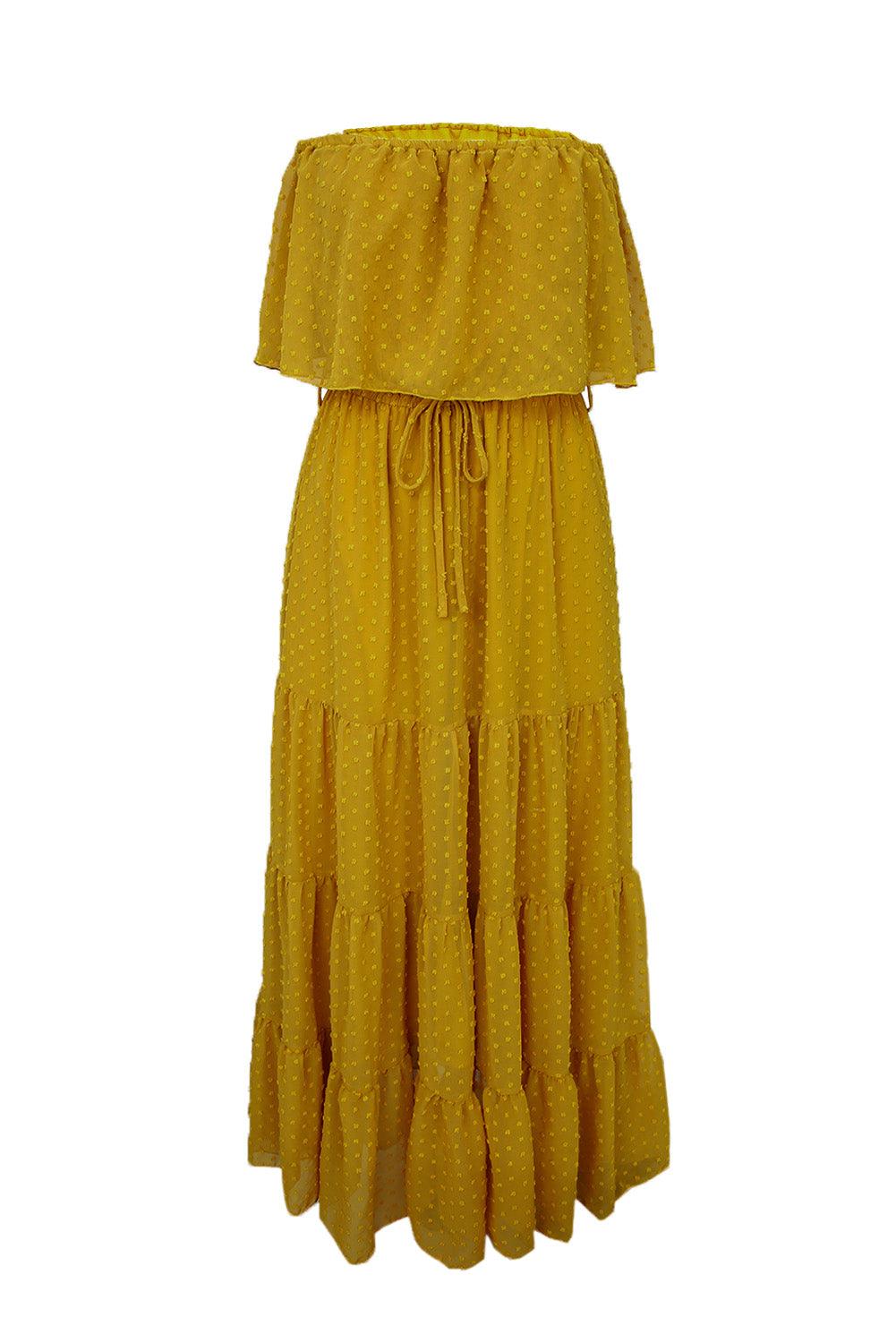 Sky Blue Yellow Yellow Off Shoulder Ruffle Swiss Dot Maxi Dress - LA Grand