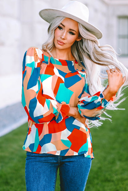 Abstract Pattern Crewneck Ruffled Puff Sleeve Blouse - LA Grand