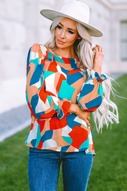 Abstract Pattern Crewneck Ruffled Puff Sleeve Blouse - LA Grand