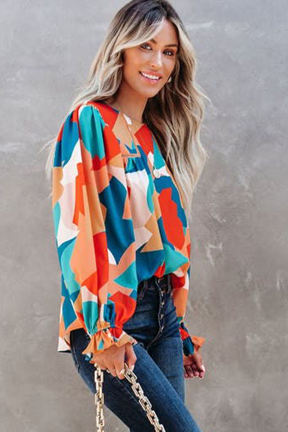 Abstract Pattern Crewneck Ruffled Puff Sleeve Blouse - LA Grand