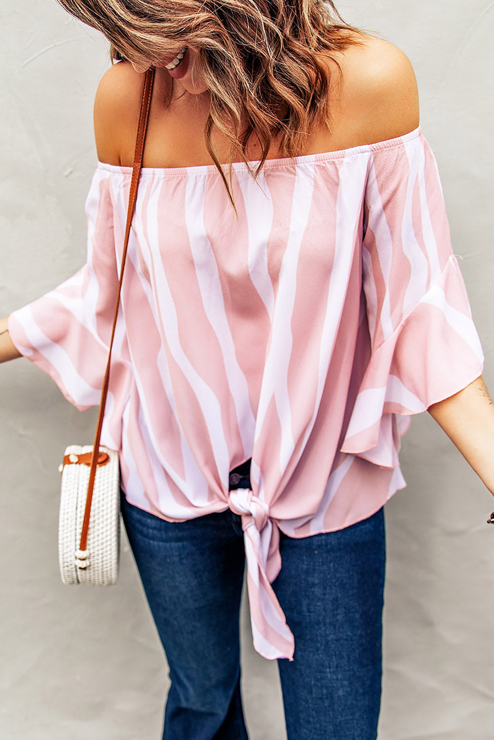 Off The Shoulder Vertical Stripes Blouse in Pink - LA Grand