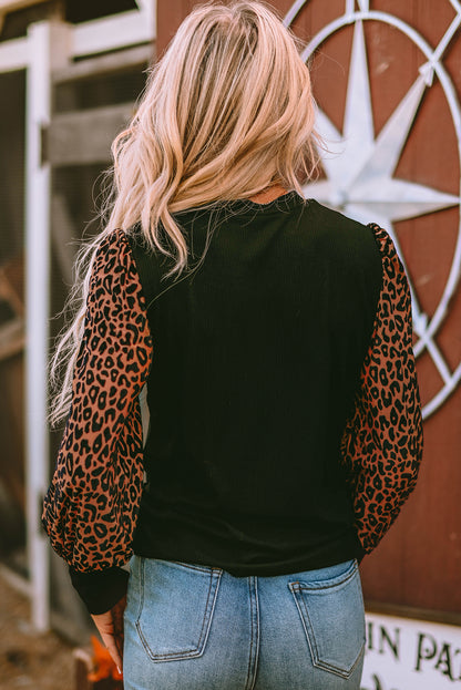 Apricot Leopard Print Long Sleeve Ribbed Knit Blouse - LA Grand