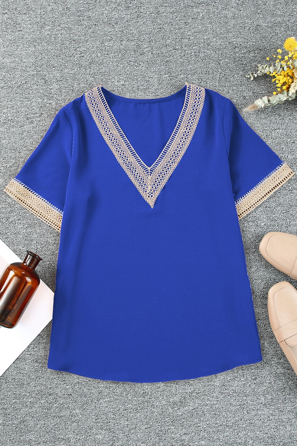 Blue Lace Trim V Neck Short Sleeve Blouse - LA Grand