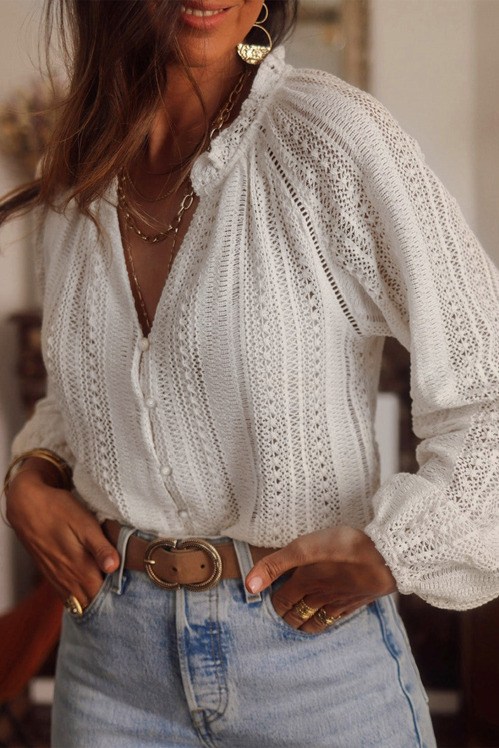 White V-Neck Long Sleeve Button Up Lace Shirt - LA Grand