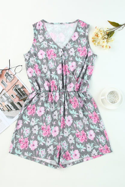 Gray Vintage Wash Floral Print Sleeveless Romper - LA Grand