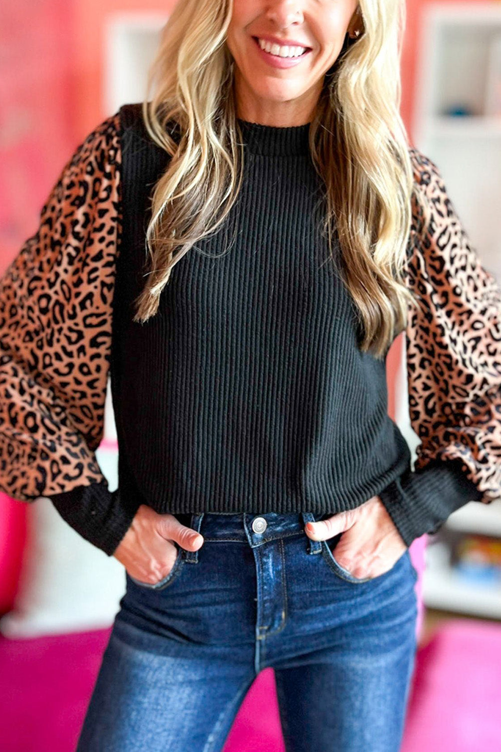 Apricot Leopard Print Long Sleeve Ribbed Knit Blouse - LA Grand