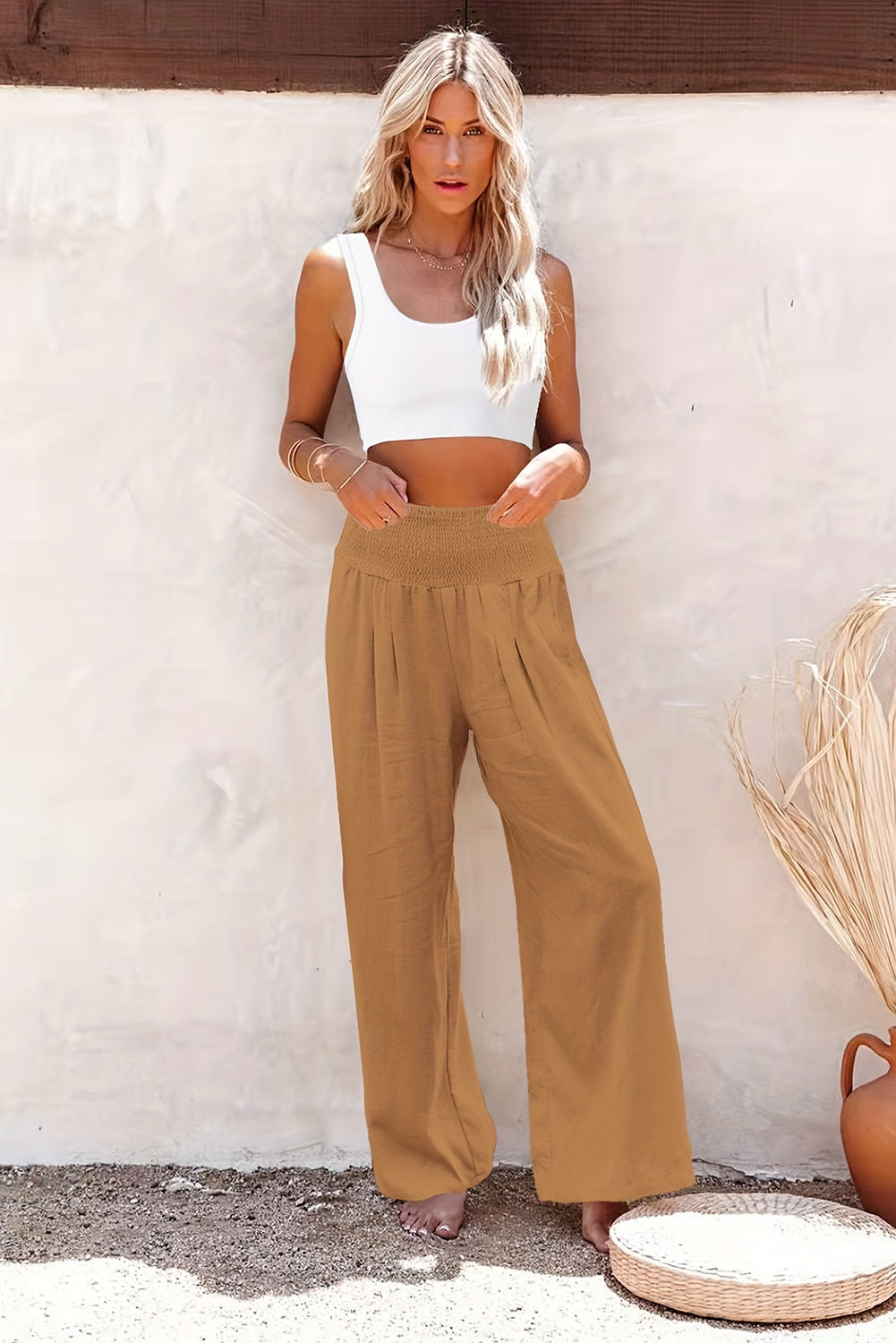 Sky Blue Smocked Wide Waistband High Waist Wide Leg Pants - LA Grand