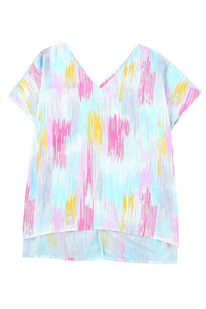 Pink Abstract Print V Neck Dolman Blouse - LA Grand