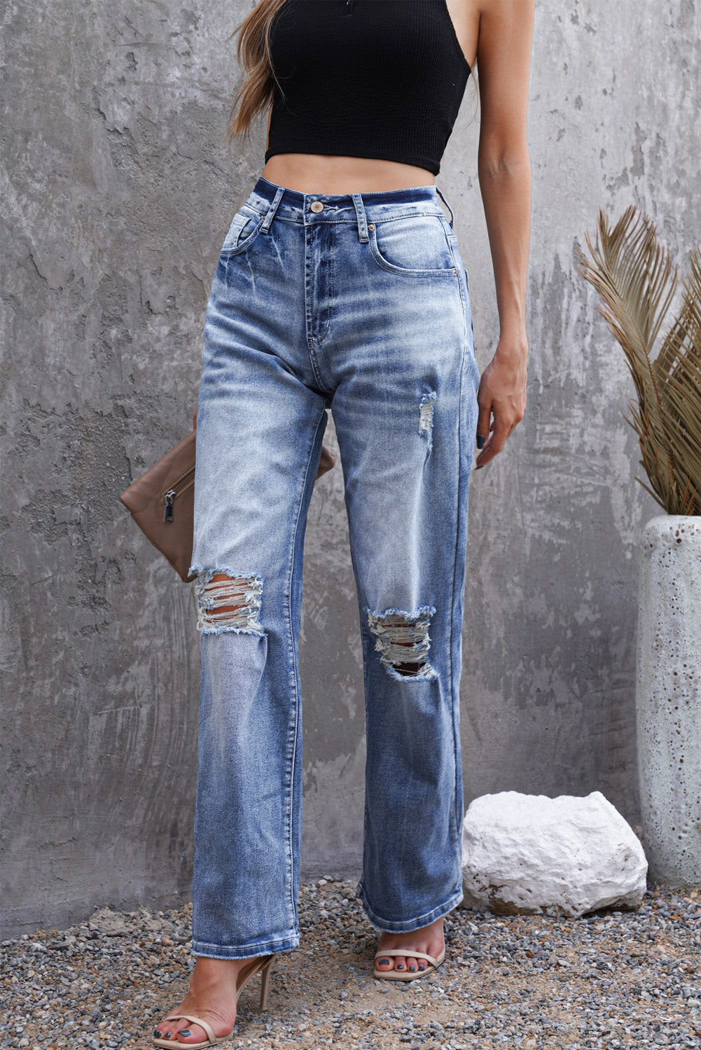 Blue High Waist Distressed Ripped Hole Flare Jeans - LA Grand