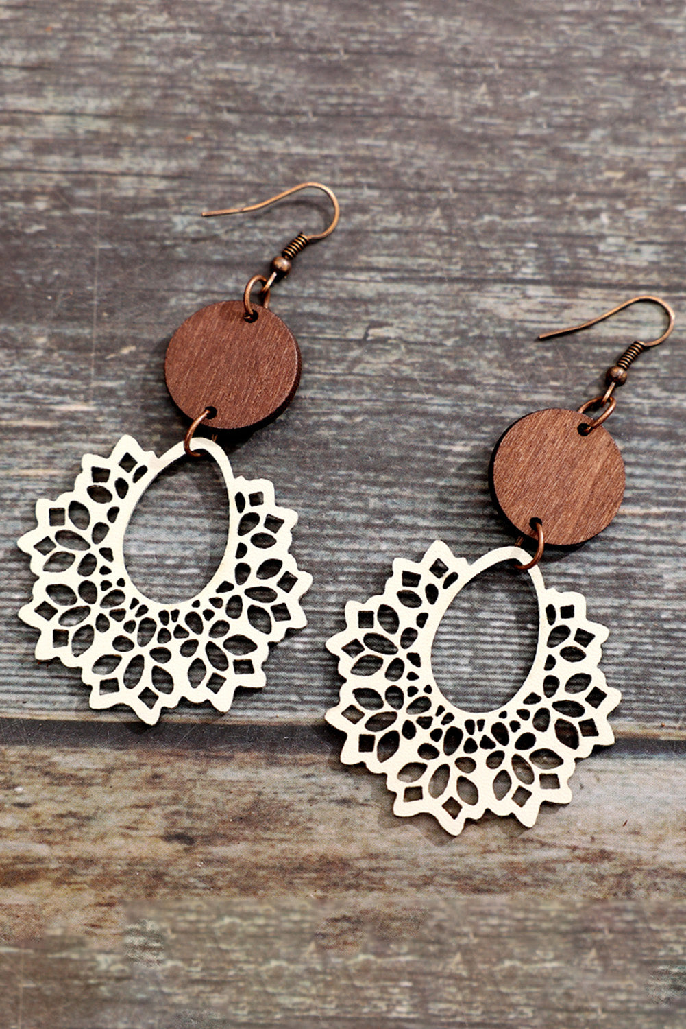 White Hollowed Flower Round Wood Pendant Earrings - LA Grand