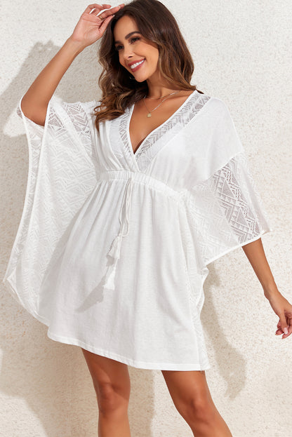 White Lace Patch Kimono Sleeve Tassel Drawstring Beach Cover Up - LA Grand