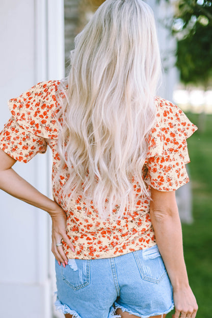 Orange Floral Tiered Flutter Sleeve Blouse - LA Grand