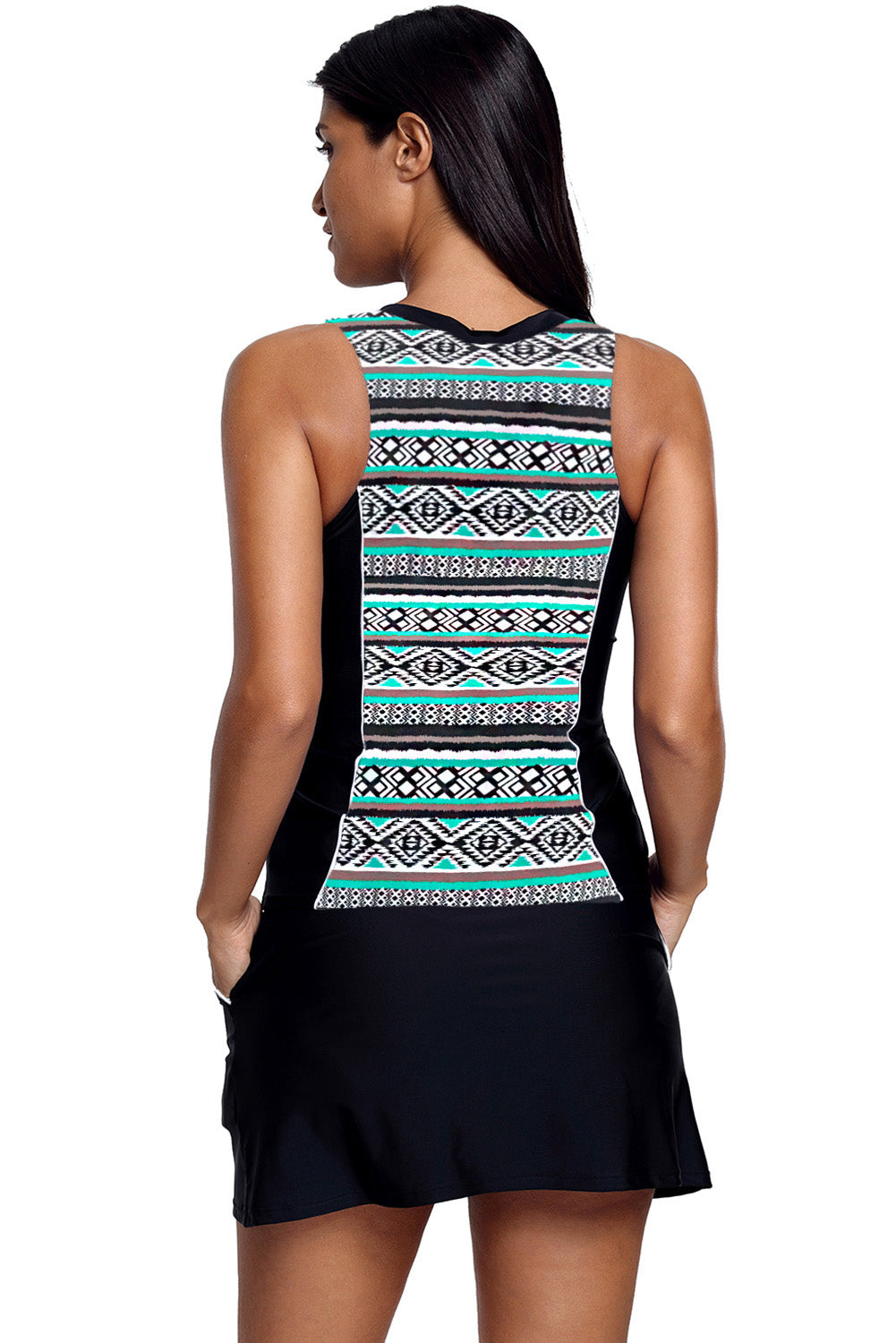 Black Geometric Print Sleeveless Zipper Racer Back Pocket Tankini Set - LA Grand