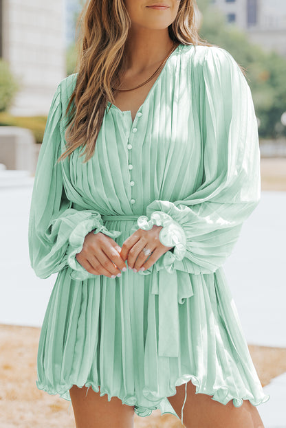 Green Pleated Ruffled Tie Waist Buttons V Neck Romper - LA Grand