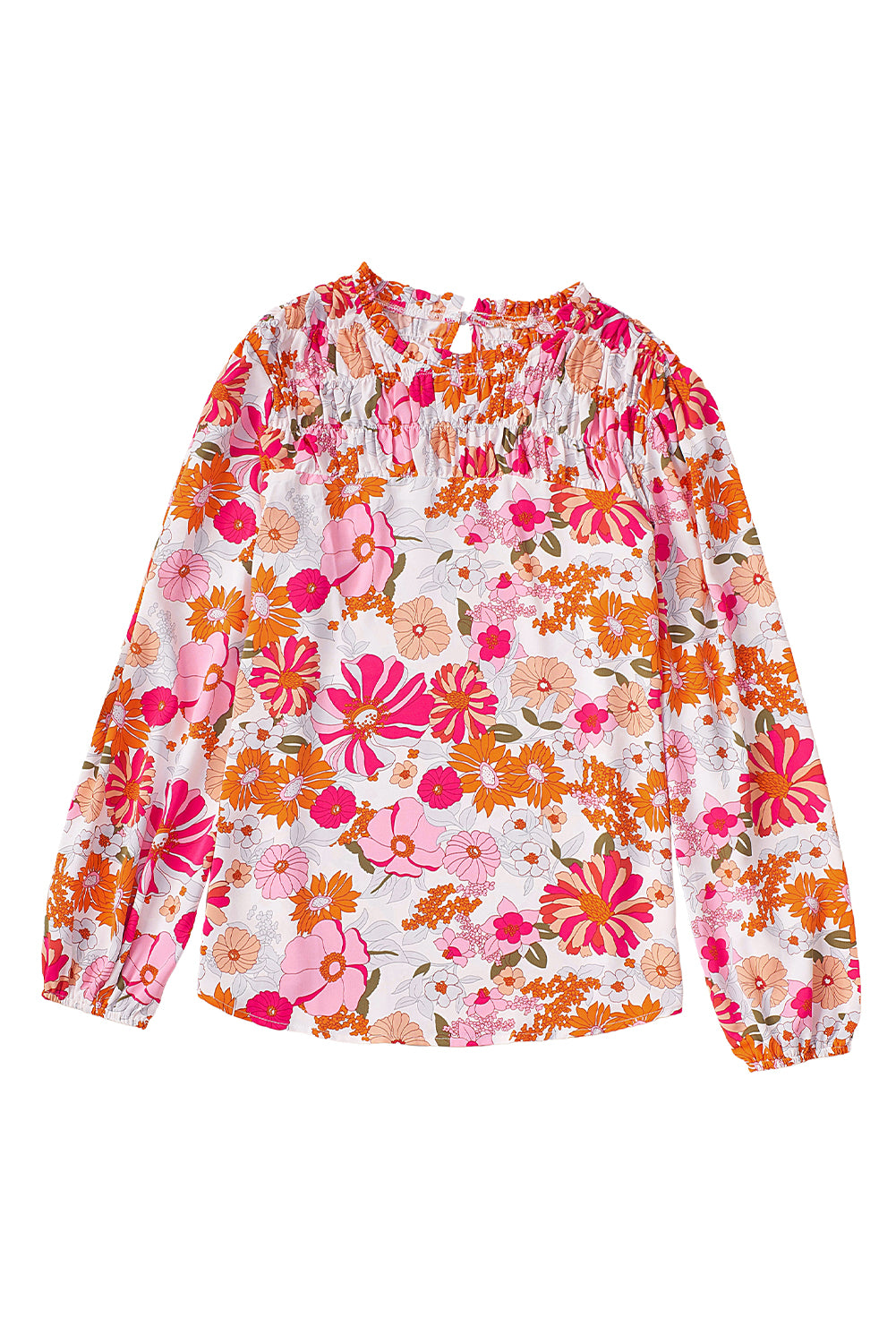 White Floral Frilled Neckline Puff Sleeve Blouse - LA Grand