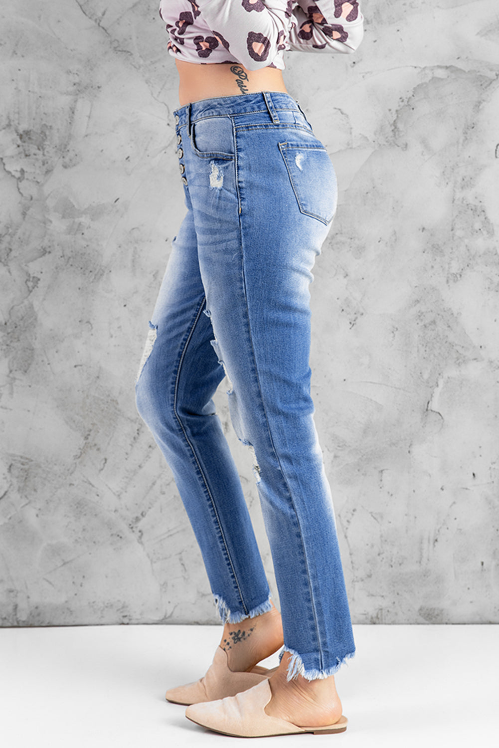 Blue High Rise Button Front Frayed Ankle Skinny Jeans - LA Grand