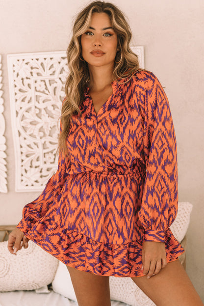 Orange Aztec Bubble Sleeve High Waist Romper - LA Grand