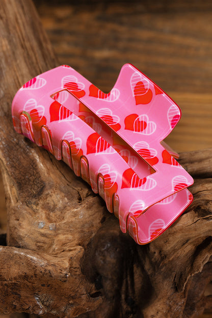 Pink Double Heart Printed Valentines Fashion Hair Claw - LA Grand