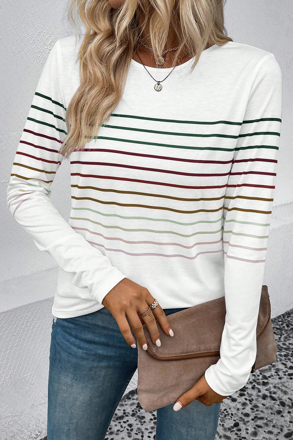 Multicolor Striped Crew Neck Long Sleeve Top - LA Grand