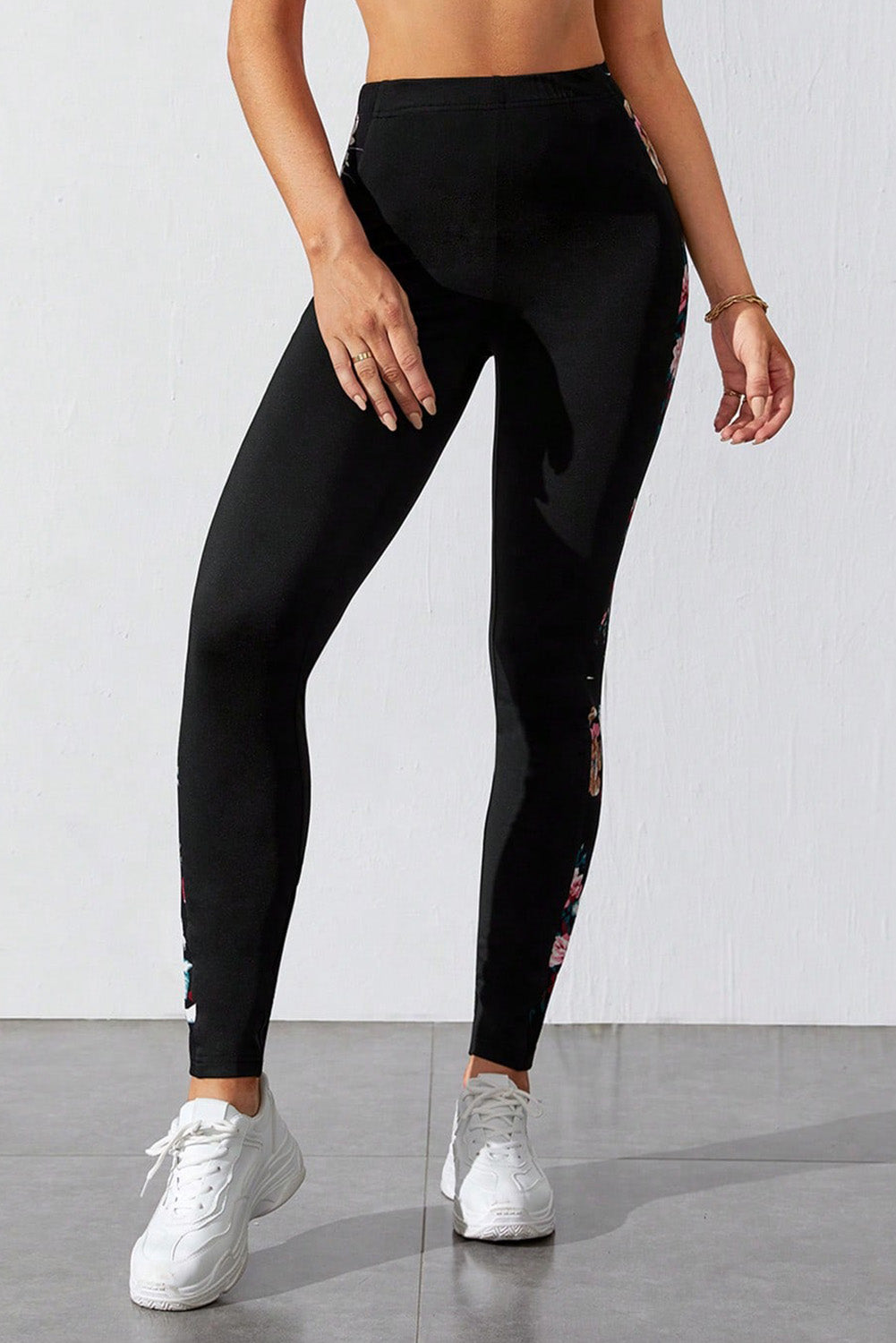 Black Floral Print Patch High Waist Leggings - LA Grand