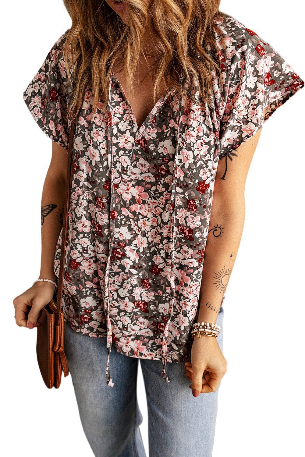 Multicolor V-neck Short Sleeve Fashion Print Fantasy Fluttering Blouse - LA Grand