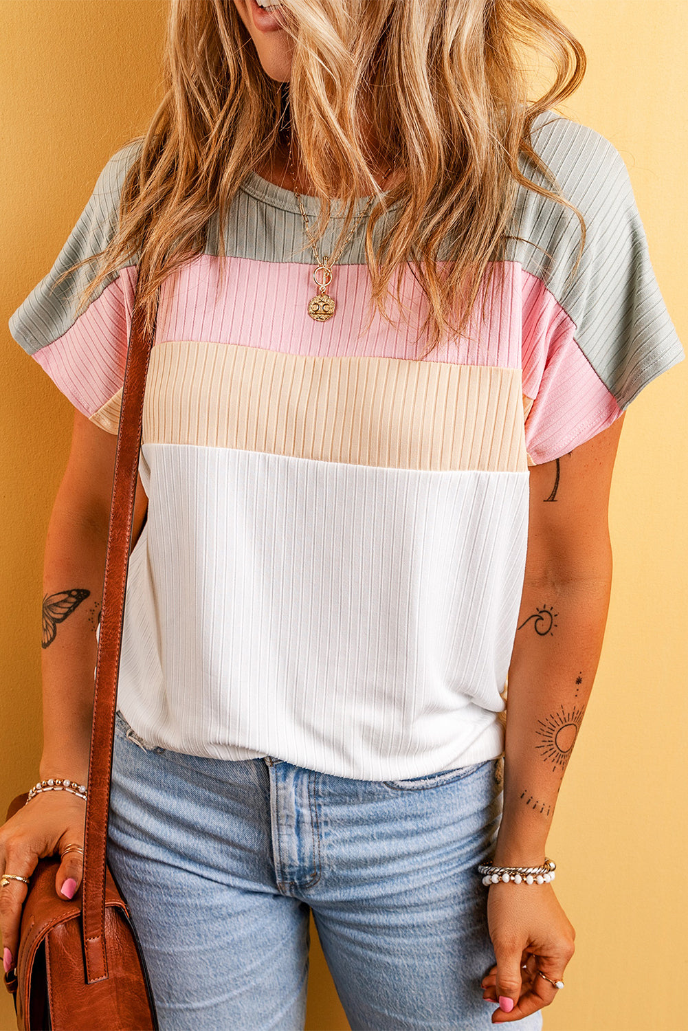 White Ribbed Color Block Patchwork T-shirt - LA Grand