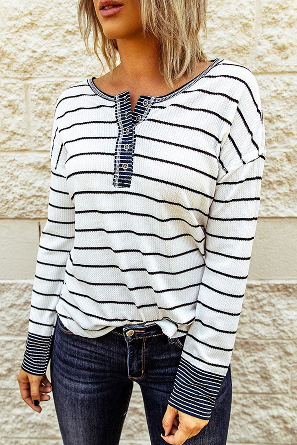 Striped Color Block Buttoned Waffle Knit Shirt - LA Grand