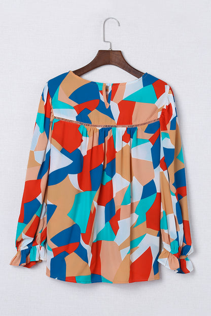 Abstract Pattern Crewneck Ruffled Puff Sleeve Blouse - LA Grand