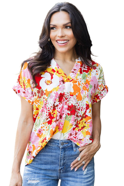 White Boho Floral Print V Neck Short Sleeves Top - LA Grand