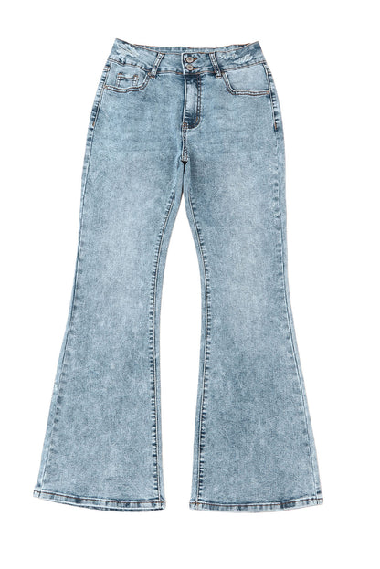 Sky Blue Subtle Ripped Detail Flare Bottom Jeans - LA Grand