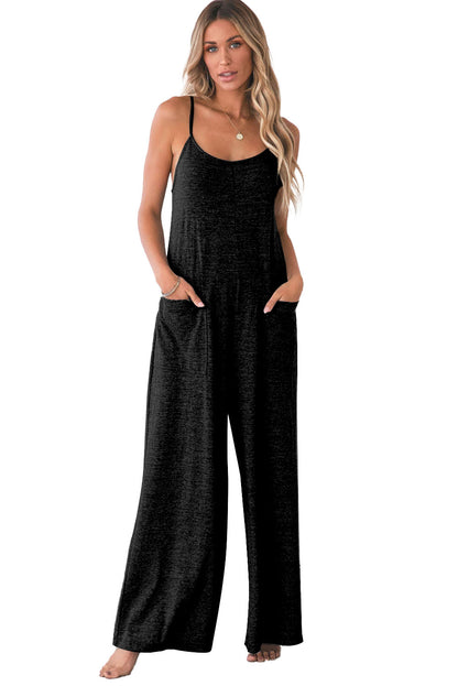 Gray Patch Pockets Spaghetti Strap Wide Leg Jumpsuit - LA Grand