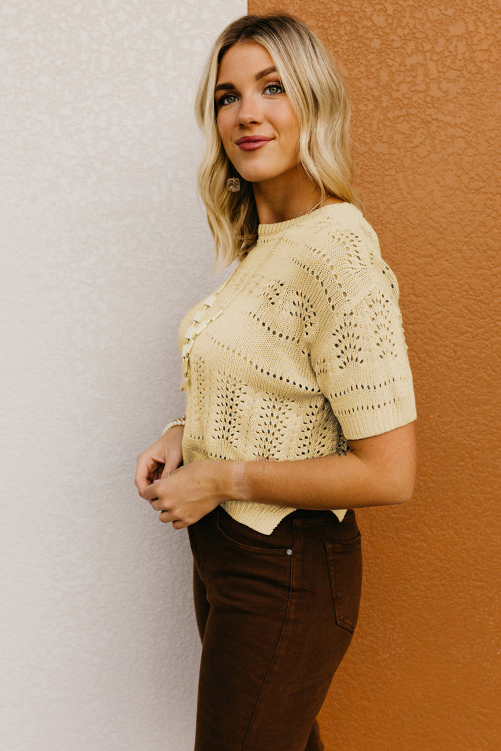 Beige Knitted Hollow out Short Sleeve Crop Sweater - LA Grand