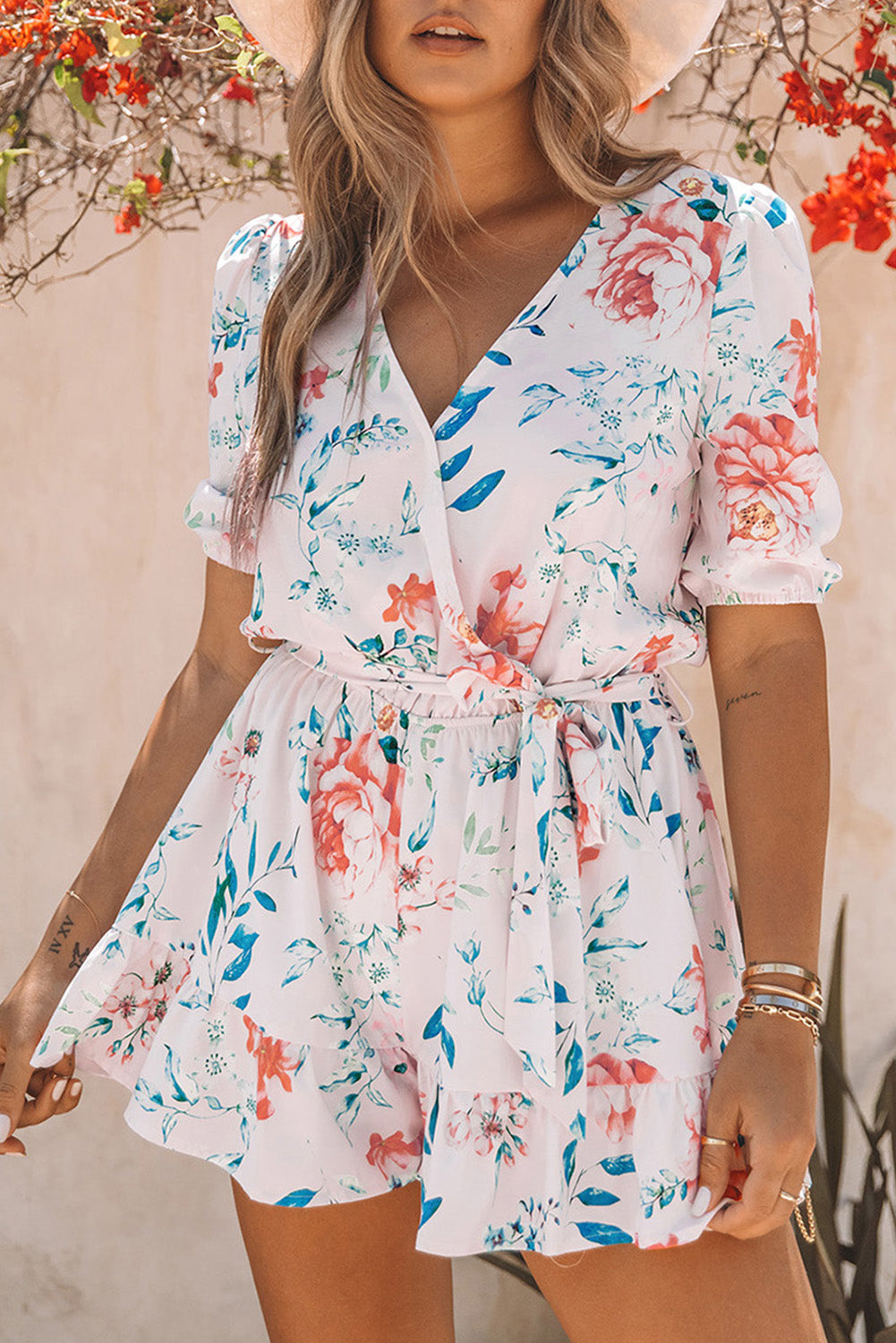 Floral Print Puff Sleeves Romper - LA Grand