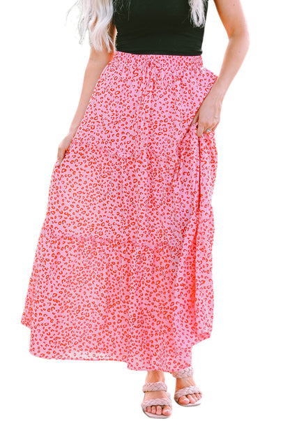 Pink Leopard Print Frilled Drawstring High Waist Maxi Skirt - LA Grand