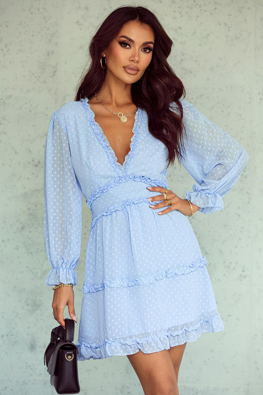 Sky Blue Layered Ruffled Open Back Puff Sleeve Swiss Dot Mini Dress - LA Grand