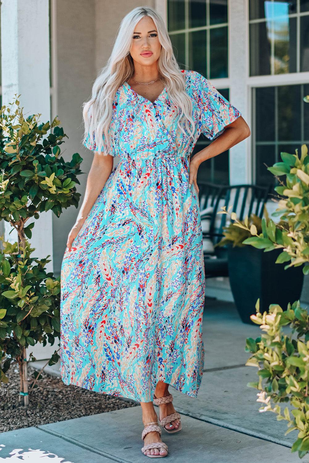 Green Wrap V Neck Floral Maxi Dress - LA Grand